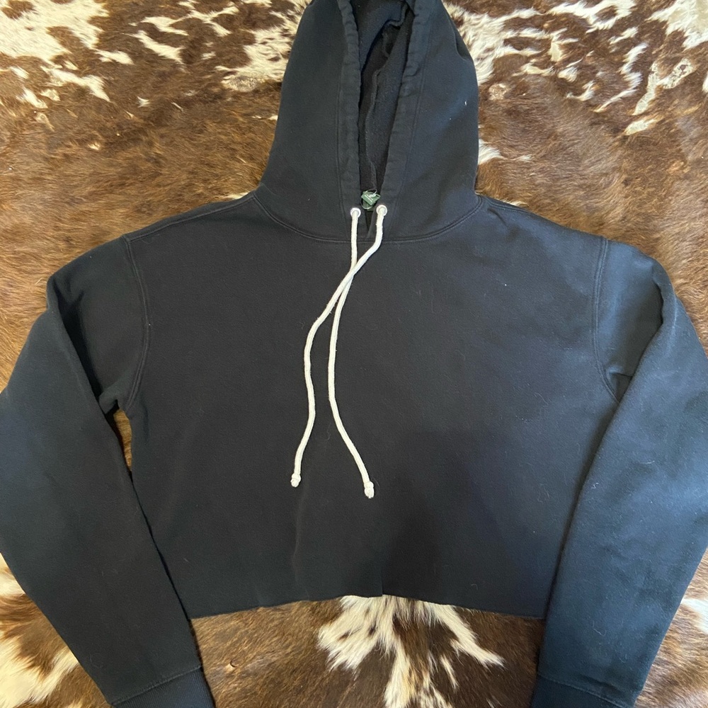 Black Cropped Hoodie with White Drawstrings